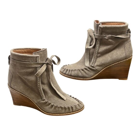 MATIKO Gray Suede Wedge Slip On Ankle Tie Booties - Picture 8 of 8